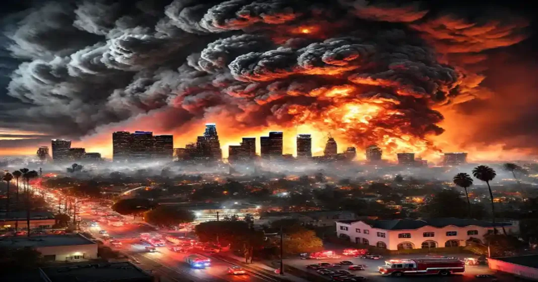 the image of a massive fire sweeping through Los Angeles, depicting the intensity of the scene with flames, smoke, and emergency responders in action