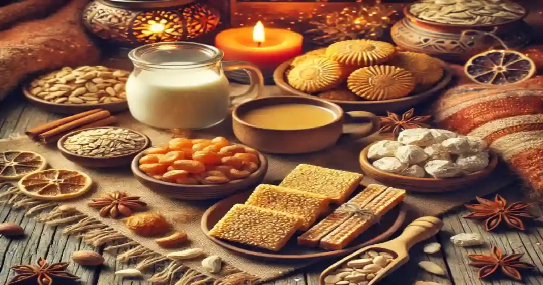 the image depicting the cozy winter scene with traditional winter foods like til, gajak, and chikki.